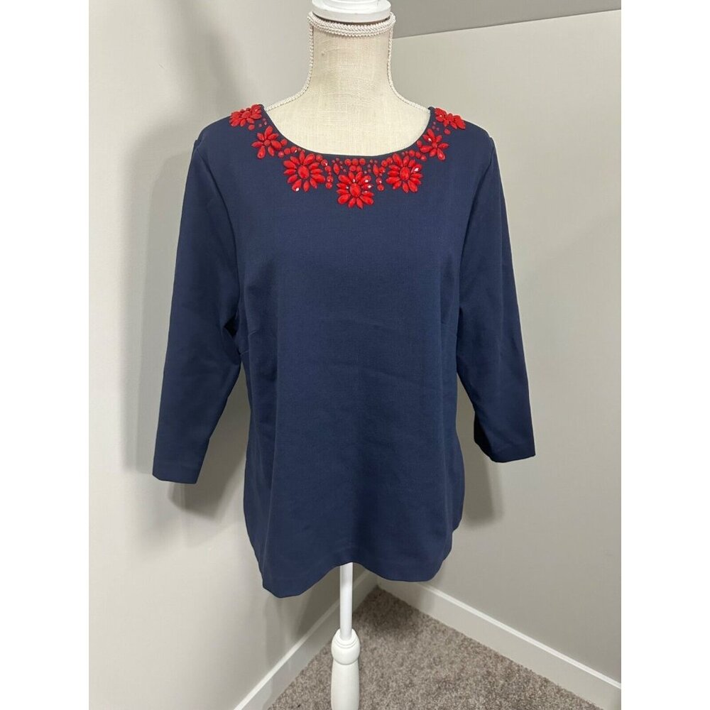 Boden Navy Top with Red Floral Gemstones 16